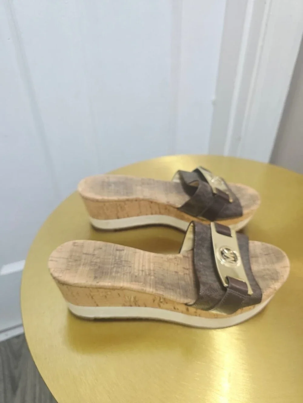 Michael Kors Womens MK Warren Platform Cork Slide Sandals Brown Gold Size 8M